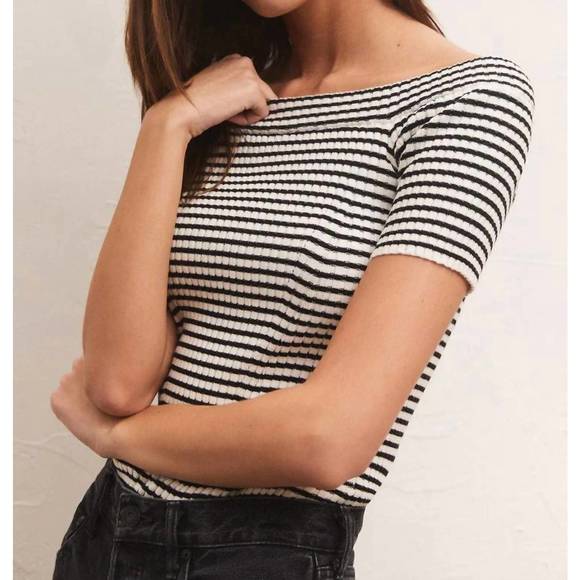 NEW Z SUPPLY birdie off shoulder stripe top in black/sandstone - Picture 2 of 4